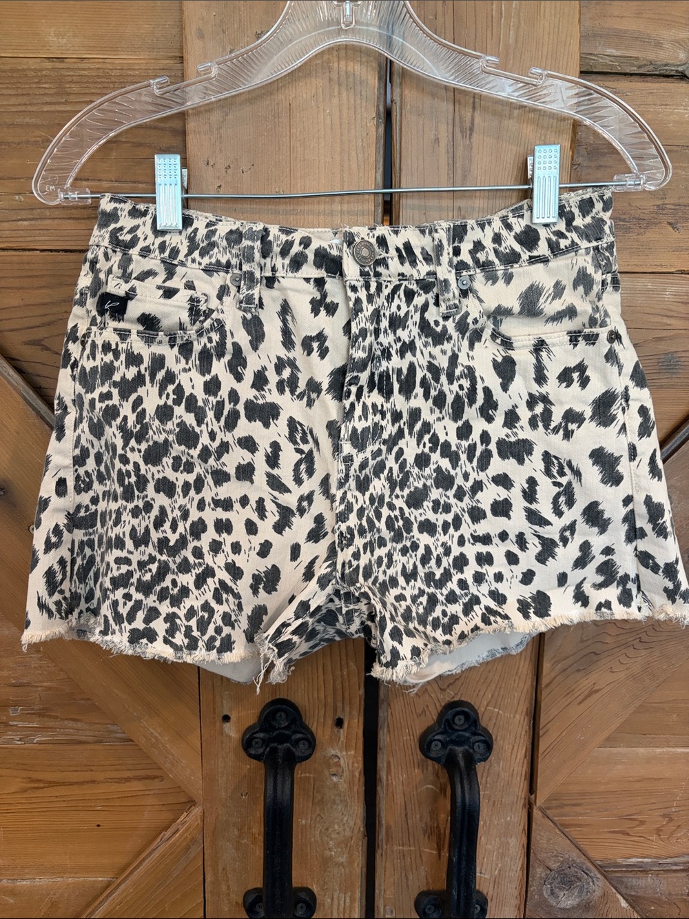 KanCan Black & White Leopard-Print High-Rise Denim Shorts
